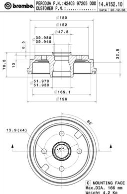 14.A152.10 Brzdový buben ESSENTIAL LINE BREMBO